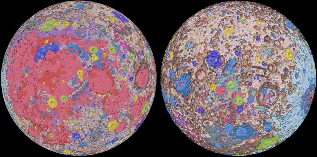 Rzuty zunifikowanej mapy geologicznej Księżyca przedstawiające geologię Księżyca po bokach (po lewej) i po bokach (po prawej) z zacienioną topografią z Wysokościomierza Lunarnego Orbiter Laserowego (LOLA). Ta mapa geologiczna jest syntezą sześciu regionalnych map geologicznych z okresu Apollo, zaktualizowanych na podstawie danych z ostatnich misji satelitarnych. Będzie służyć jako punkt odniesienia dla nauki o Księżycu i przyszłych ludzkich misji na Księżyc. Źródło: NASA / GSFC / USGS