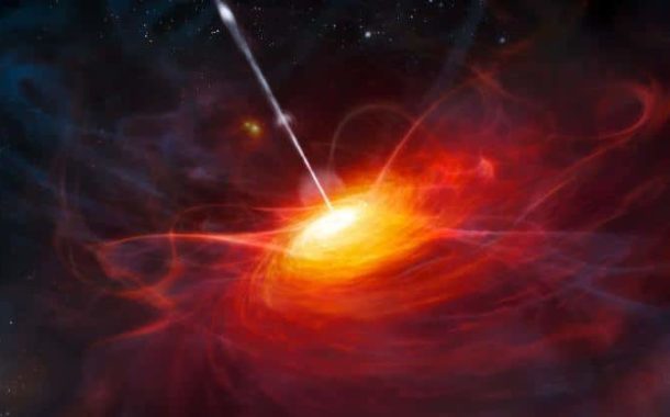 Wizja artystyczna kwazara ULAS J1120+0641. To obiekt w odległosci 13 mld lat świetlnych od Ziemi. Prawa fizyki w tamtyma obszarze Wszechświata trochę mogą różnić się od tych w naszym obszarze. fot; ESO/M. Kornmesser / CC BY (https://creativecommons.org/licenses/by/4.0)