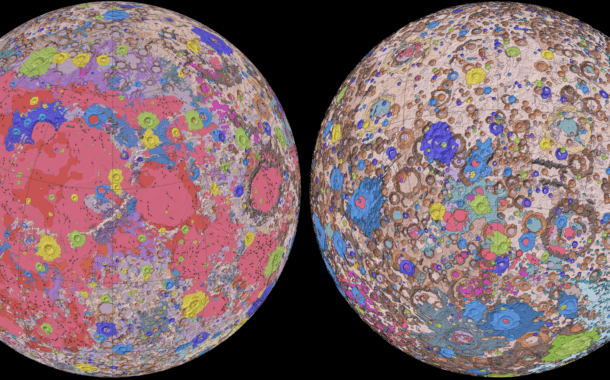 Rzuty zunifikowanej mapy geologicznej Księżyca przedstawiające geologię Księżyca po bokach (po lewej) i po bokach (po prawej) z zacienioną topografią z Wysokościomierza Lunarnego Orbiter Laserowego (LOLA). Ta mapa geologiczna jest syntezą sześciu regionalnych map geologicznych z okresu Apollo, zaktualizowanych na podstawie danych z ostatnich misji satelitarnych. Będzie służyć jako punkt odniesienia dla nauki o Księżycu i przyszłych ludzkich misji na Księżyc. Źródło: NASA / GSFC / USGS